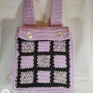 crocheted purse carry bag book bag with wide strap handmade patchwork lavender+